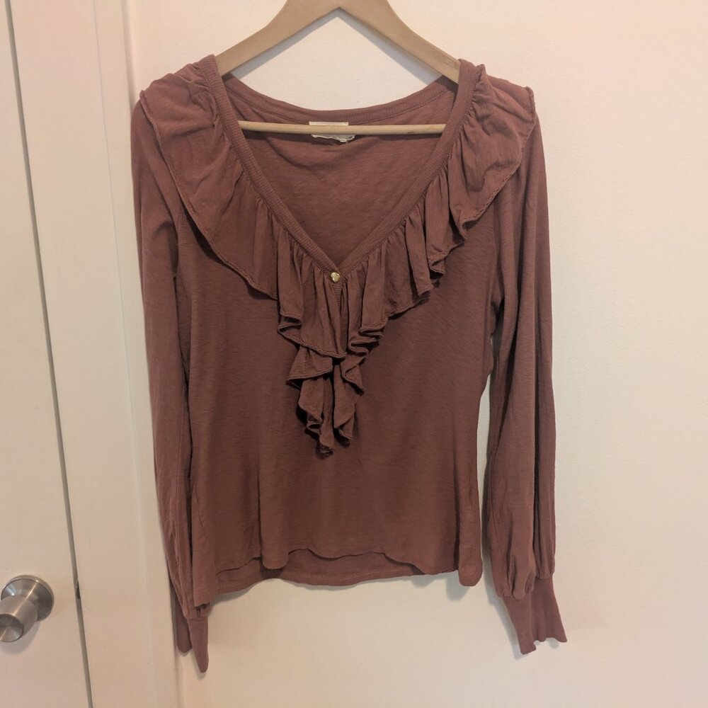 Nation LTD Burnt Orange Lalita Ruffled Neckline Long Sleeve Tee - Picture 12 of 12